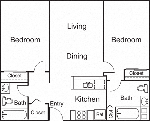 Floor plan for 2 beds, 2 baths, 872 sqft